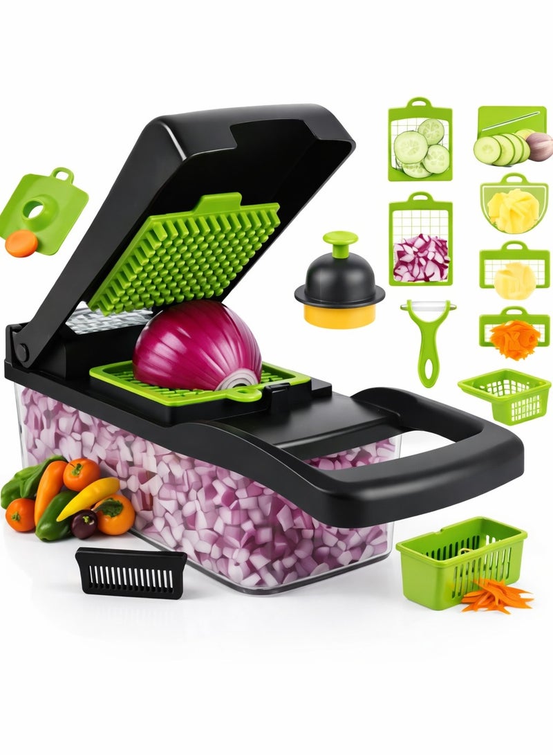 قطّاعة وخلاط خضروات متعددة الوظائف- 12 في 1 لتقطيع وتقطيع الطعام يدويًا مع شفرات من الفولاذ المقاوم للصدأ وحاوية تخزين - Image 1